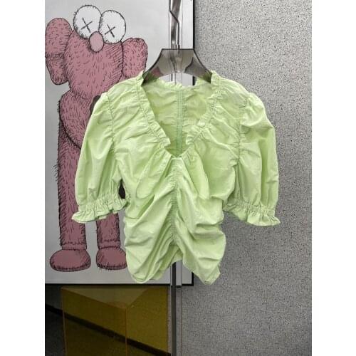 New women fashion 2021 short-sleeved casual solid color waist pleated bow top 0316