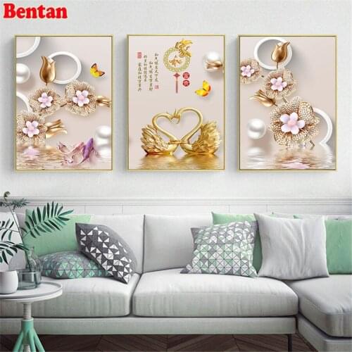 Full Square/Round Drill 5D DIY Diamond Painting 3 piece "Swan flower"Embroidery Cross Stitch Traditional Chinese home decoration