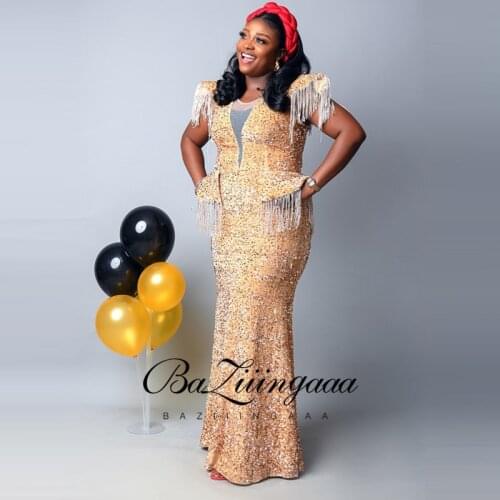 Luxury Evening Dresses Long Party Elegant Woman Gold Tassel Plus Size Sequins Mermaid Dresses 2021 Dubai Sweethea Formal Partie