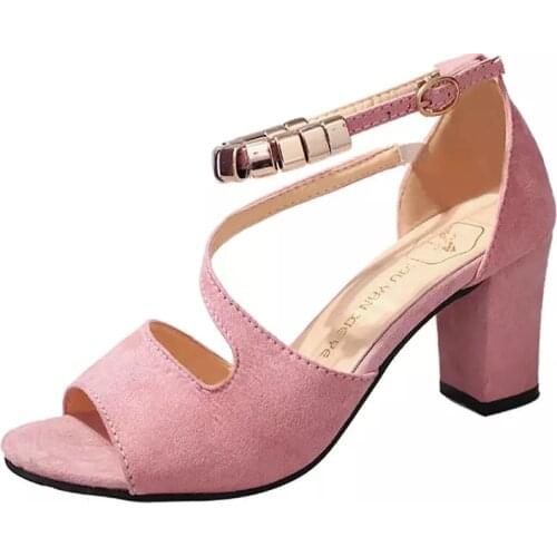 Womens Summer Sandals Open Toe Suede Ankle Buckle Thick Heel Sandals Fashionable Versatile Comfortable Non Slip Sandals