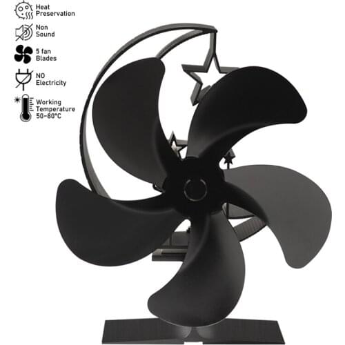 Star 5 Blades Fireplace Stove Fan Black Heat Powered Fan Quiet Efficient Heat Distribution for Wood Log Burner Winter Warmer