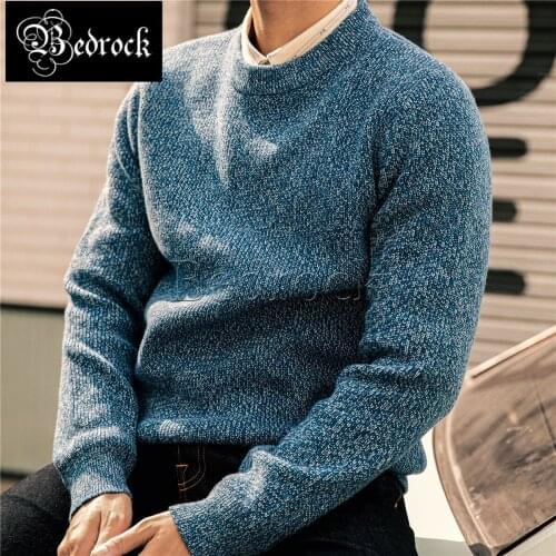 Vintage loose sweater mens autumn and winter heavy thick indigo pure color knitted sweater pullover warm round neck sweater