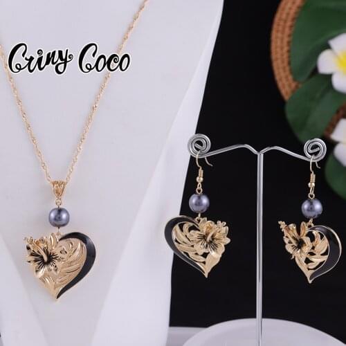 Hawaiian Jewelry Sets Heart Pendant Gold Polynesian Colorful Pearl Flower Necklace Earring Set Wholesale for Women Party Wedding