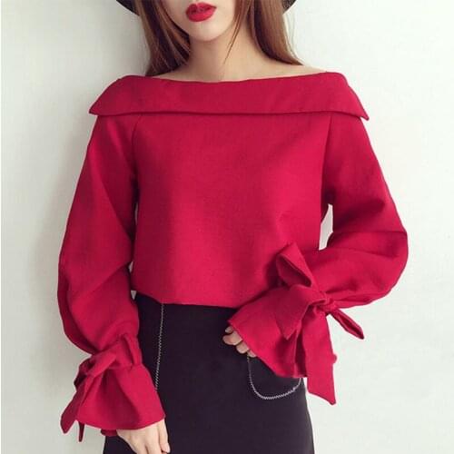 RibbonFish Women Spring Autumn Style Chiffon Blouses Shirts Casual Long Sleeve Bow Tie Skew Collar One Shoulder Blusas DD8102