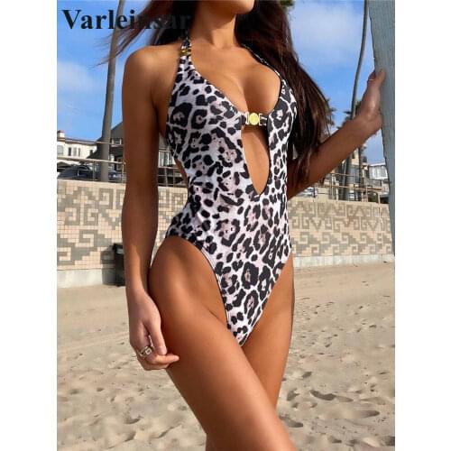 Sexy Leopard Deep V Neck Halter Women Swimwear One Piece Swimsuit Female Monokini Backless Bather Bathing Suit Swim Lady V2891
