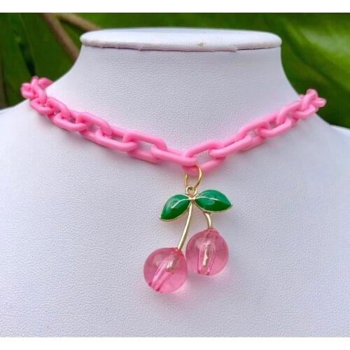Pink Girly Cherry Acrylic Chain Necklace Neck Chokers For Women 2021 Trend Fairy Punk Fashion Unusual Necklaces Egirl Jewelry