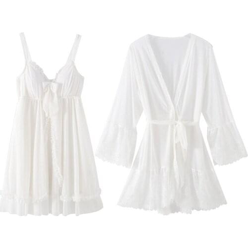 Princess White Robe Sets Bride Wedding Solid Kimono Gown 2PCS Women Lace Sexy Mini Sleepwear V-Neck Strap Nightwear Loungewear