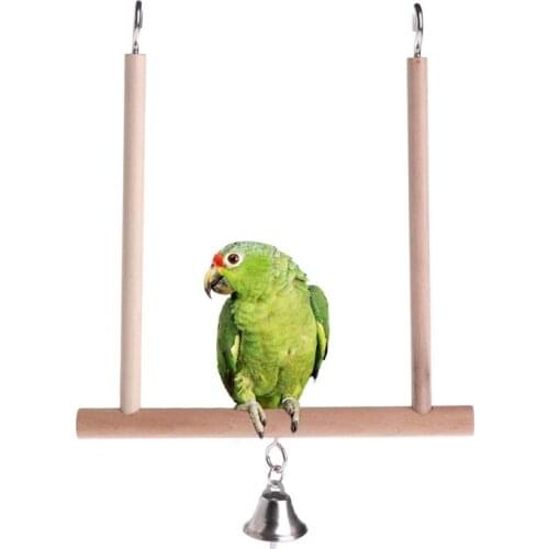 Birds Perch Parrot Play Toys Stand Holder natural Wooden Swing Bell Cage Hanging