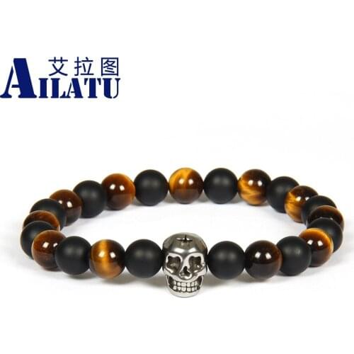 Ailatu Wholesale 10pcs/lot 8mm Natural Matte Onyx and Tiger Eye Stone with Stainless steel Skull Beaded Bracelet Not Fade