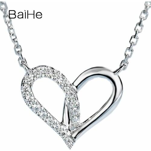 BAIHE Solid 18K White Gold Round H/SI 0.08ct Natural Diamond Women Fine Jewelry Wedding Beautiful heart-shaped diamond Necklaces