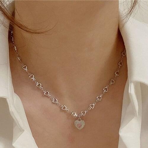 Origin Summer Minimalist Love Heart Pendant Necklace for Women Girls Rhinestone Stainless Steel Chunky Chain Necklace Jewelry