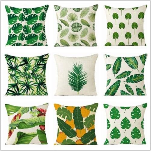 Tropical Plants Cushion Cover Linen Green Leaves Decorative Pillowcase Tropical Plant Throw Pillow Case Cushion Cover