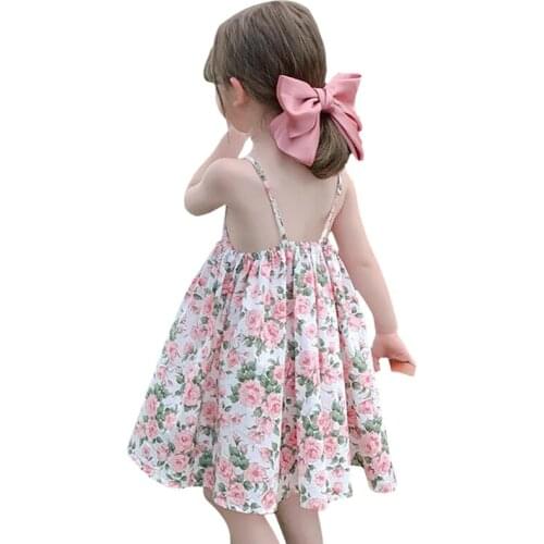 2021 New Arrival Children Clothes Kids Print Chiffon Backless Dress Age For 2 - 8 Years Baby Girls Sleeveless Summer Beach Frock