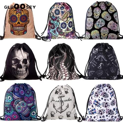 3D printing Drawstring Bag Travel Canvas Draw String Bag skull Octopus Pattern Harajuku Gothic Backpack Schoolbag