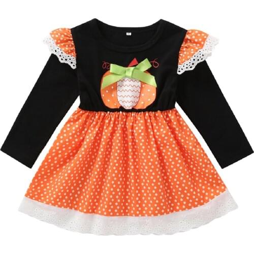 Cute Halloween Costume for Girls Long Sleeves Pumpkin Print Dress Up Cake Smash Fashion Pleated Girls Dress for Halloween Party