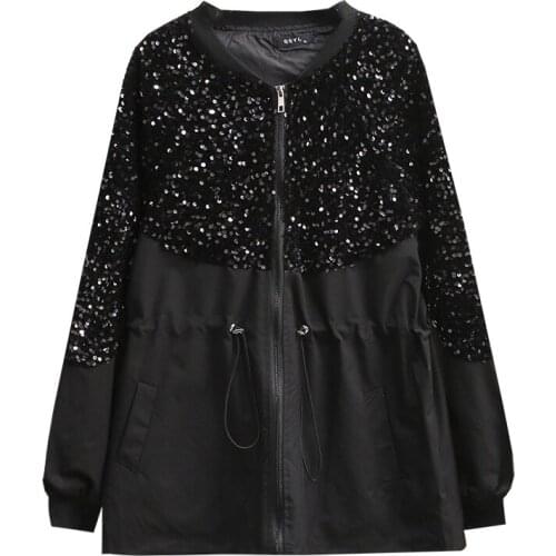 Plus Size Autumn 2021 Fashion Casual Female Sequined Splice Drawstring Waist Coats Chaqueta De Mujeres Womens Clothing Jacket