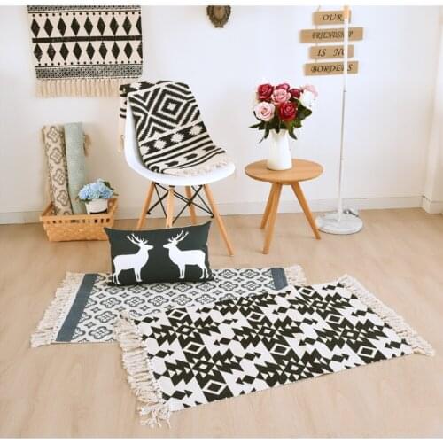 RAYUAN Fashion Cotton Black and White Mats Geometric Door Mat Fringed Blending Carpets Tapestry Doormat Rug 60x90CM 60x130CM