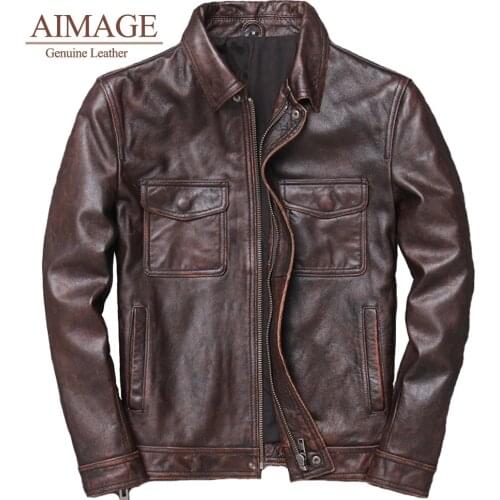 Fashion 100% Natural Cowhide Jackets Man Genuine Leather Coat Autumn Spring Asian size fashion vintage motor biker jacket.cool
