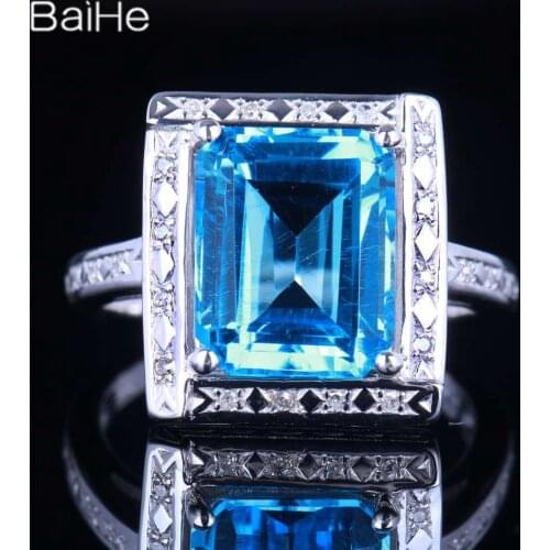 BAIHE Genuine Sterling Silver 925 4.36ct Emerald Flawless Blue Topaz Wedding Band Classic Fine Jewelry Beautiful Man Ring Women