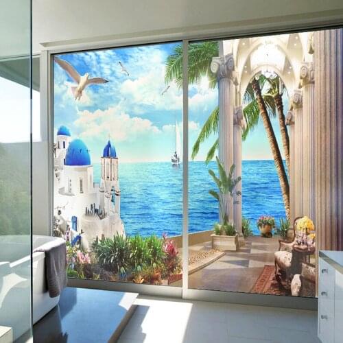 Custom glass film living room sliding door stickers sunscreen wardrobe stickers bedroom background wall stickers Aegean sea