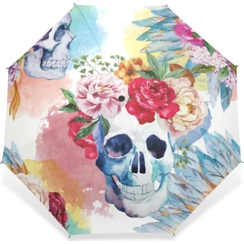 Novelty Poker Skull with Flower Automatic Umbrella Customized Advertising Three Folding Rain Umbrella Beach Men Women Rain Gear