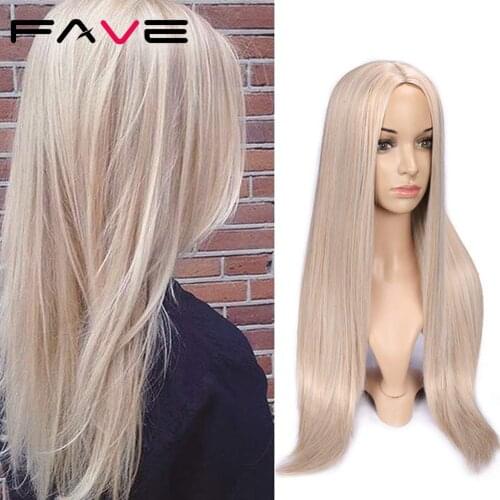 FAVE Long Straight Blonde Synthetic Wigs Pure Sakura Heat Resistant Fiber Middle Part Natural Looking For White Womes Wig Party