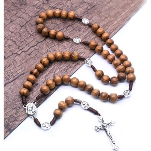 Handmade Weave Virgin Mary Antique Wooden Beads Rosaries Cross Pendants Necklace Vintage Catholic Religious Jesus Jewelry