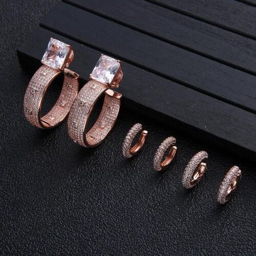 Luxury Rose Gold Big Hoop Earrings For Women Full Cubic Zircon Crystal Circle Ear Cuff Clip Earring Sets Wedding Fashion Jewelry
