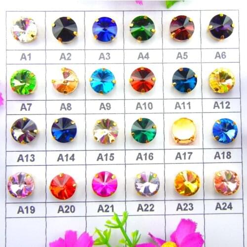 Glass Crystal Gold claw 7 sizes nice colors mix Rivoli round shape Sew on Crystal rhinestone beads garment accessories diy