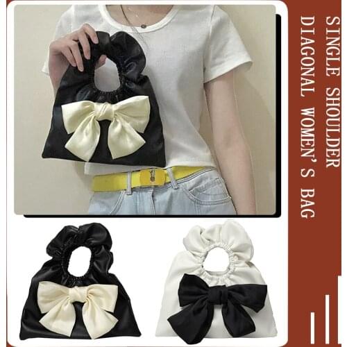 Fashion Women Pleated PU Leather Bowknot Tote Bag Casual Ladies Contrast Color Small Purse Handbags