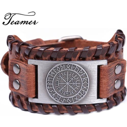 Teamer Wide Leather Bracelets Vintage Nordic Viking Rune Vegvisir Compass Charm Cuff Bracelet Men Women Gift Fashion Jewelry