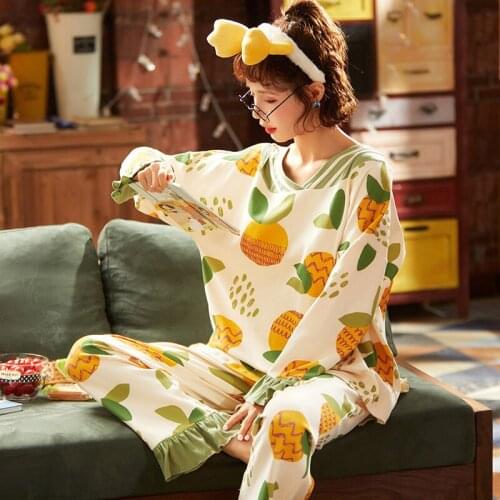 Spring And Autumn Women Sweet Stitching V-neck Full-sleeve Loose Fruit Homewear Summer Pajamas Set