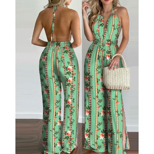 2021 New Style Women Floral Print Long Jumpsuits Summer Sleeveless Deep V-neck Backless Halter Loose Jumpsuit For Holiday Wear