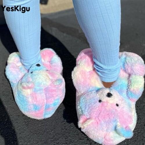 Winter Warm Teddy Bear House Slippers Women Men Cartoon Cute Bear Indoor Soft Anti-slip Faux Fur Couples Home Slippers