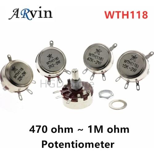 2PCS WTH118 2W 1A Potentiometer 1K 2.2K 4.7K 10K 22K 47K 100K 470K 1M WTH118-2W Round Shaft Carbon Rotary Taper Potentiometer