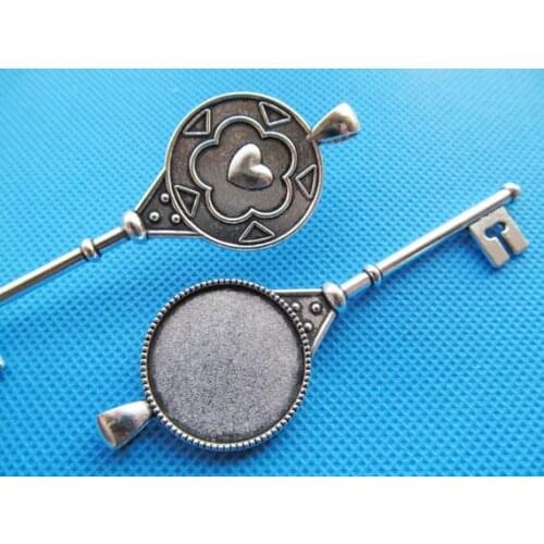 20pcs Antique Silver tone/Antique Bronze Heavy Heart Key Pendant Charm/Finding,Round Base Setting Tray,Fit 25mm Cabochon/Cameo