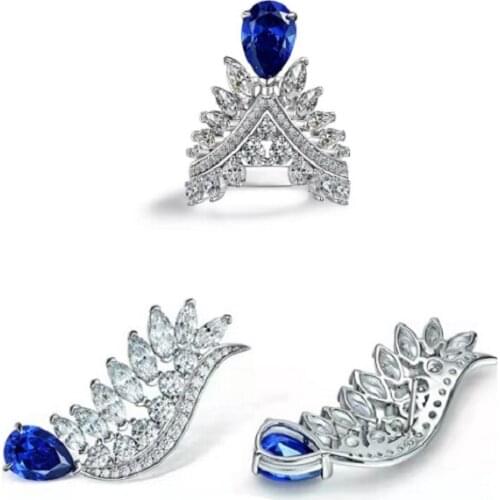 2021 The New Jewelry Set is Studded With Crystal Blue And Pink Feather Earrings And Rings(US Size)