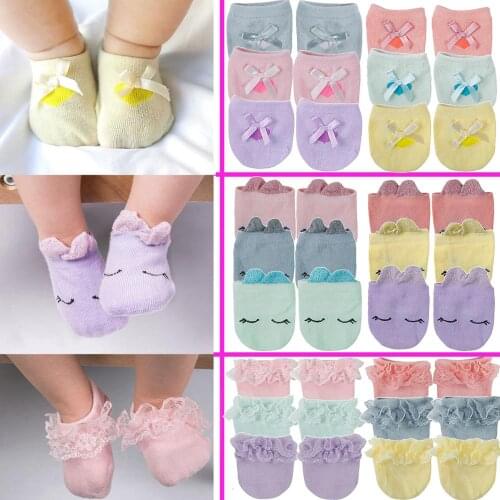 3 Pair Soild Lace Cotton Anti Slip Short Socks Newborn infant Baby Children Kid Girl Clothing Princess Cute Sock 0-3 years old