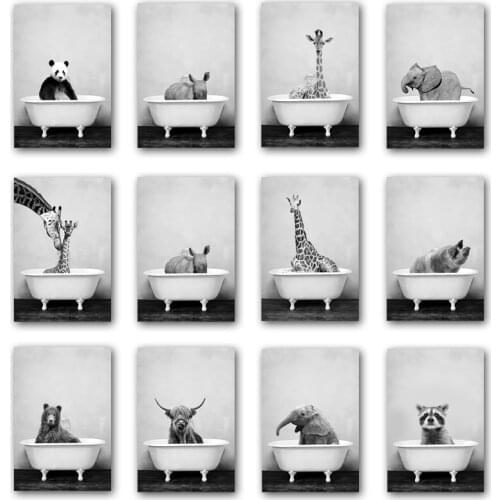 Abstract Animal Bathtub Bathing Poster Elephant Giraffe Nordic Wall Art Print Picture Canvas Painting Living Room Decoration