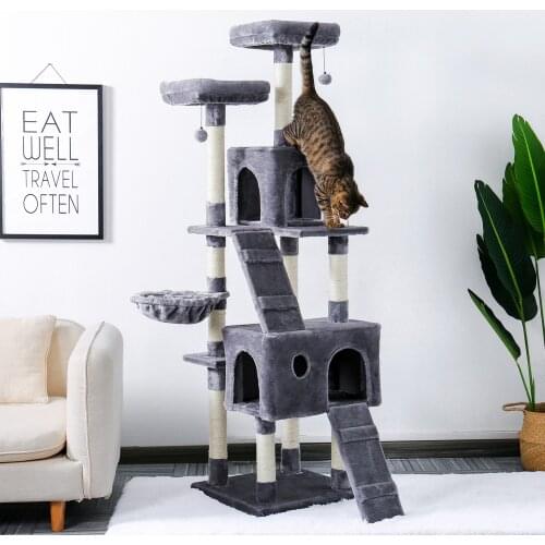 Free Shipping 180CM Multi-Level Cat Tree For Cats With Cozy Perches Stable Cat Climbing Frame Cat Scratch Board Toys Gray&Beige