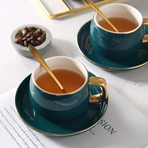 Green Coffee Cup Teacup Saucer Set Gold Trim Green Ceramic Coffee Milk Cup With Spoon for Free