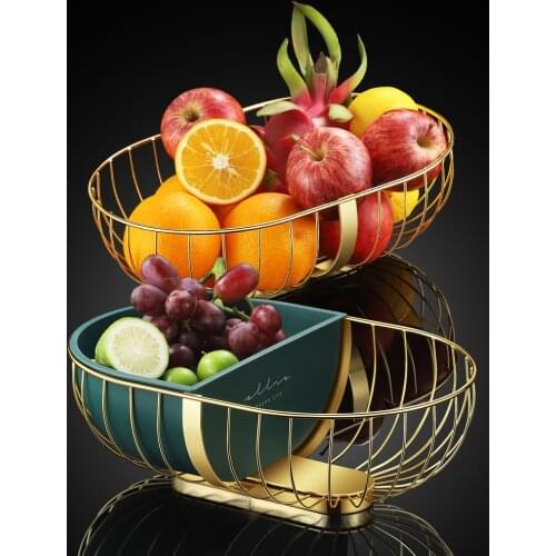 Home wrought iron fruit basket light luxury fruit storage tray living room modern double basket snack basin decorative basket