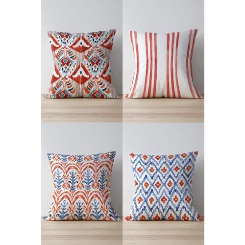 Double Side Printed Red Ikat Pattern 4'Lü Suede Pillow Decorate Case Good Quality Stylish Home Garden Room Kitchen Gift Convenient Decorative Modern