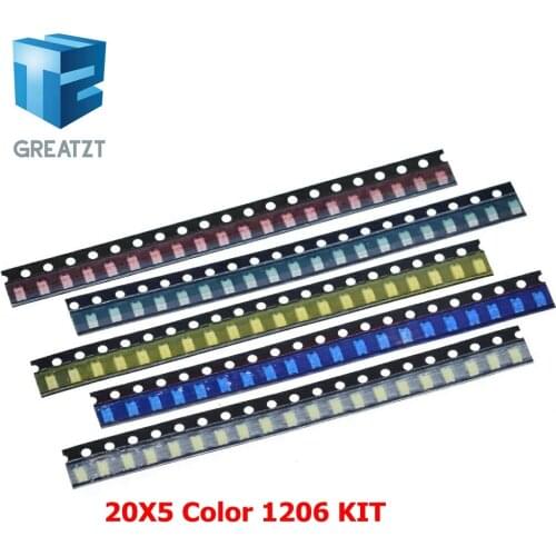 GREATZT 100pcs=5 colors x20pcs 1206 SMD LED light Package Red White Green Blue Yellow 1206 led kit