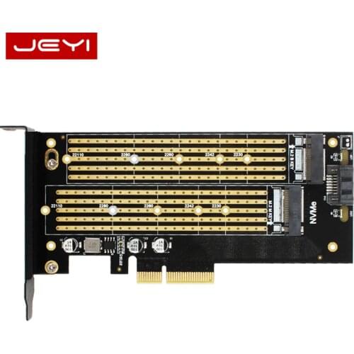JEYI SK7 Server M.2 NVMe SSD NGFF SATA TO PCIE3.0 X4 4X adapter M Key B KEY Dual Port card PCI-E3.0 Dual voltage 12V+3.3V U.2