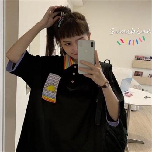 Summer college style rainbow striped POLO collar color-blocked fake two-piece half-sleeved mid-length loose t-shirt women
