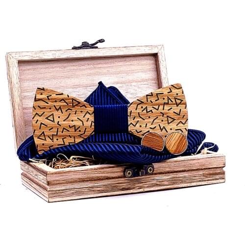 Linbaiway Mens Handkerchief Bowtie Cufflinks Set Handmde Black Walnut Wood Bowties Gravatas Set Wedding Wooden Bow Ties Gifts
