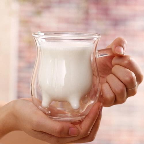Cute Milk Mug Double Layer Heat-resistant Glass Cow Cups Clear Milk Cup For kids Milk Drink Water Juice Coffee Mugs Container