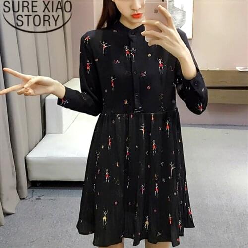 Fashion Woman Dresses 2021 Spring Long Sleeve Print Chiffon Dress Women Plus Size Empire Button Pleated Women Dress 2186 50