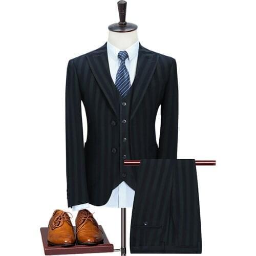 Dark Green Stripe Men 3 Pcs Suit Set Slim Fit Business Casual Office Blazer Formal Fashion Wedding Tuxedo Jacket Vest Pants Coat